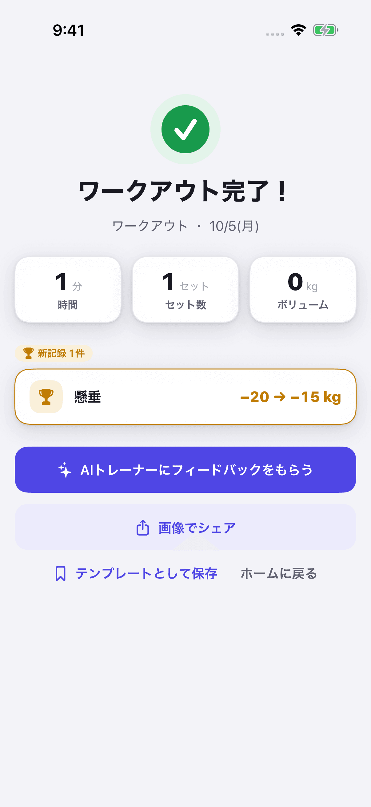 LiftLogのワークアウト完了画面。「ワークアウト完了！」の下に時間1分・セット数1・ボリューム0kgが並び、「新記録 1件」として懸垂の「−20 → −15 kg」が表示されている。下に「AIトレーナーにフィードバックをもらう」「画像でシェア」のボタンがある