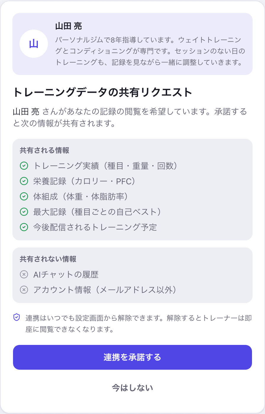liftlog Coachの招待承諾画面。トレーナーのプロフィールカード、「トレーニングデータの共有リクエスト」の見出し、共有される情報5項目と共有されない情報2項目、「連携はいつでも設定画面から解除できます」の注記、「連携を承諾する」ボタンが表示されている