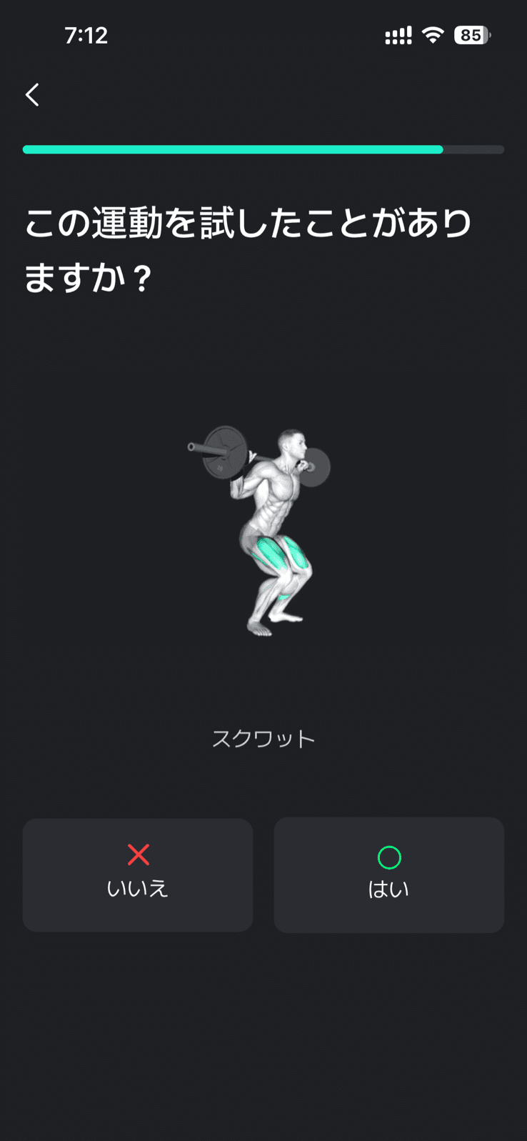 Planfitの初回設定画面。「この運動を試したことがありますか？」という見出しの下に、バーベルを担いでしゃがむ人体の3Dモデルが表示され、太ももの筋肉が緑色にハイライトされている。モデルの下に種目名「スクワット」、その下に赤い×印の「いいえ」と緑の○印の「はい」の2つのボタンが左右に並んでいる