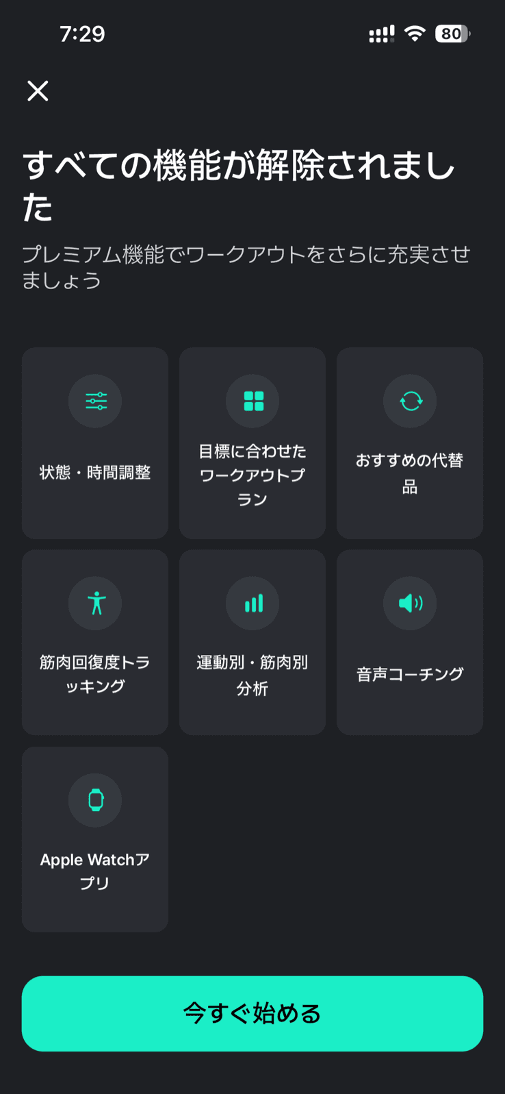 Planfitのプレミアム機能の紹介画面。「すべての機能が解除されました」という見出しと「プレミアム機能でワークアウトをさらに充実させましょう」という説明の下に、アイコン付きのタイルが7つ並ぶ。上段は「状態・時間調整」「目標に合わせたワークアウトプラン」「おすすめの代替品」、中段は「筋肉回復度トラッキング」「運動別・筋肉別分析」「音声コーチング」、下段は「Apple Watchアプリ」。画面下部に「今すぐ始める」ボタンがある
