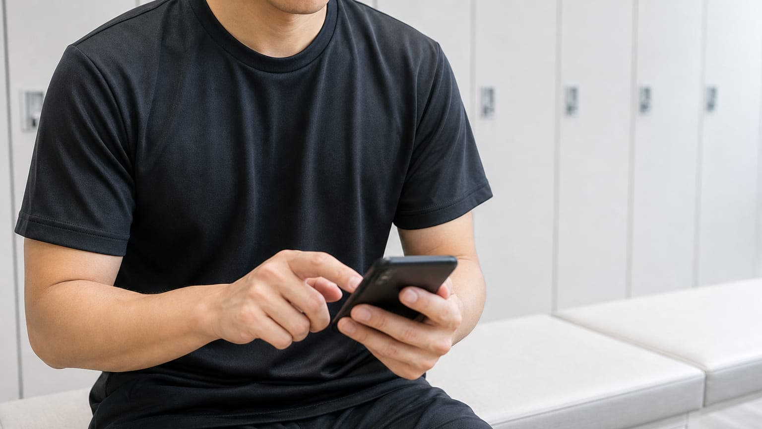 ベンチに座ってスマートフォンの画面を親指でタップするクライアント