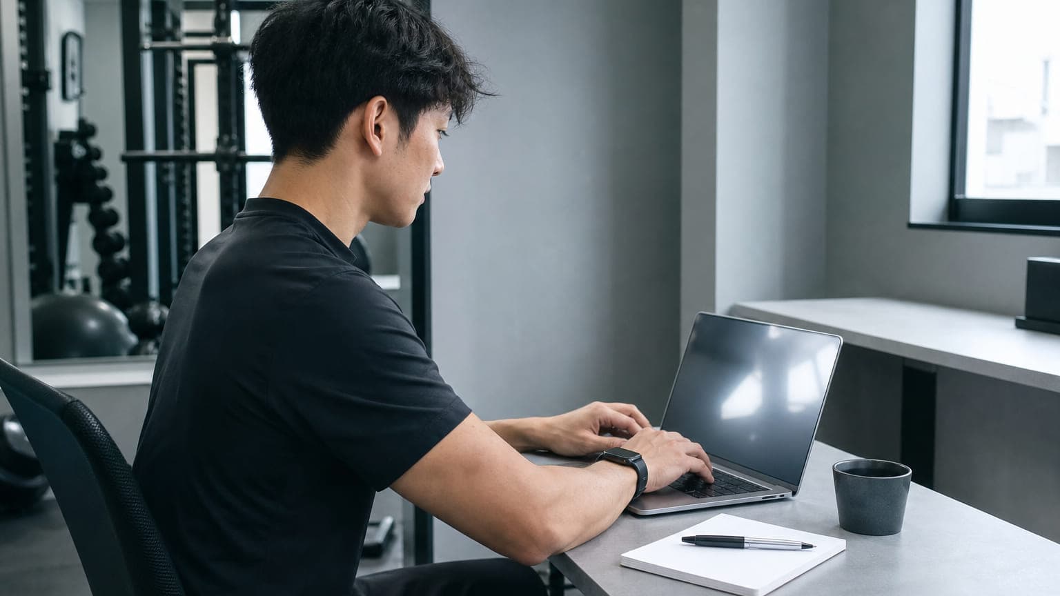 事務スペースでノートパソコンに向かい次の予定を作るトレーナー