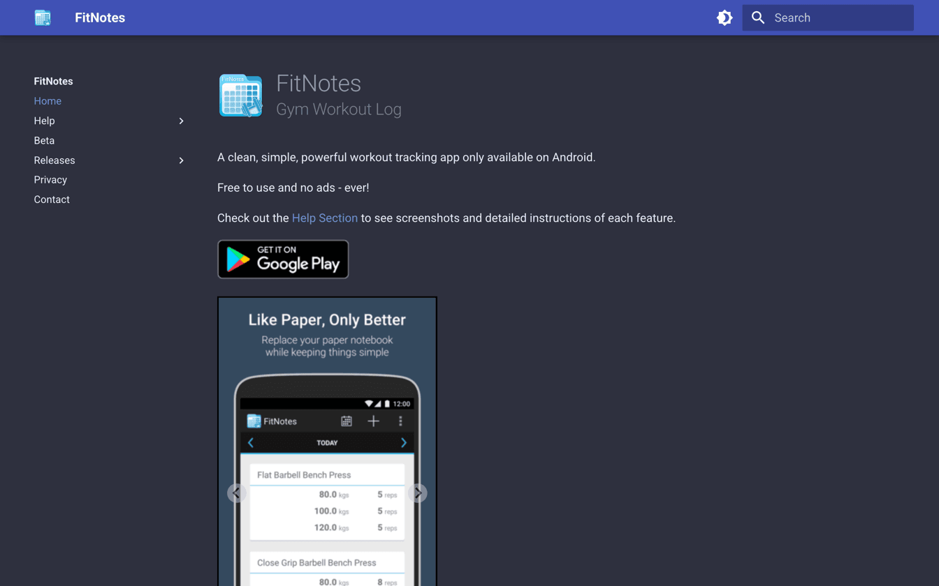 FitNotes公式サイトのトップページ。濃紺の背景に「FitNotes / Gym Workout Log」のロゴが置かれ、その下に「A clean, simple, powerful workout tracking app only available on Android.」「Free to use and no ads - ever!」という説明文と、Google Playのダウンロードバッジだけが並んでいる